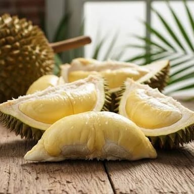 A whole durian showing its hard, pointed outer skin.
