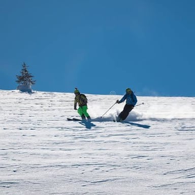 A skier traveling down a snow-covered slope.
