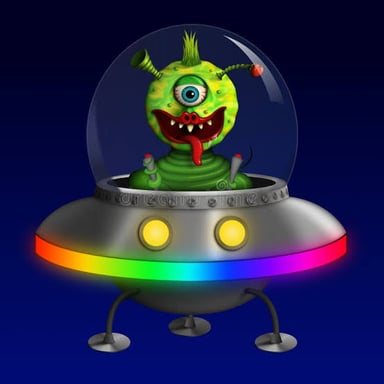 A science-fiction illustration of an alien at the controls of a flying saucer.
