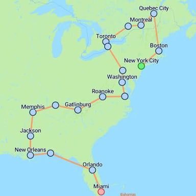Map locating New York City and Miami, with Miami generally south-southwest of New York City.
