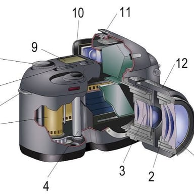 An SLR camera shown with its mirror-and-prism optical path.