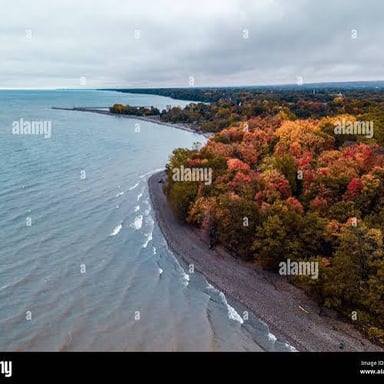 A broad view of Lake Erie and its shoreline.