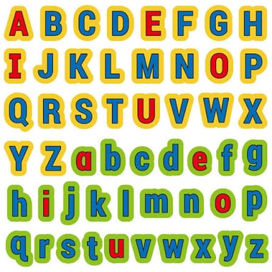 Colorful alphabet letters arranged for a young child learning to read.