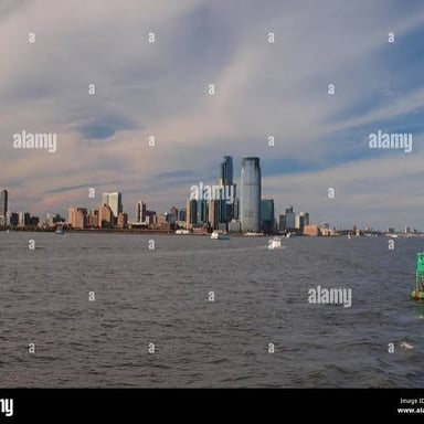 Ellis Island seen across New York Harbor from the Jersey City waterfront.