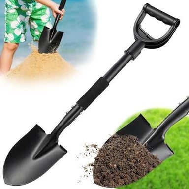 A shovel being used to dig into garden soil.