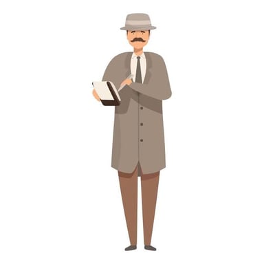 A fictional-style private detective in a trench coat holding a notebook.
