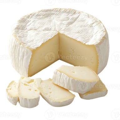 A round wheel of Brie cheese with a wedge cut from it.