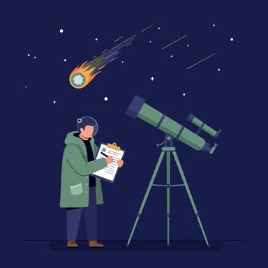 A person looking through a telescope beneath a night sky with meteors.