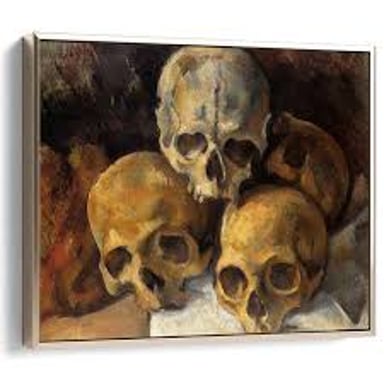 Cézanne’s still life showing a pyramid-like arrangement of human skulls.