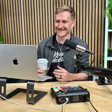An interview setup with microphones positioned for speakers