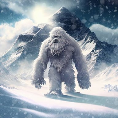An artistic depiction of the legendary yeti in a snowy Himalayan landscape.