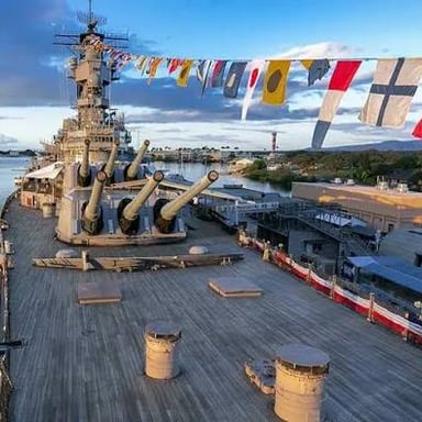 The Battleship Missouri Memorial moored at Pearl Harbor, Oahu.