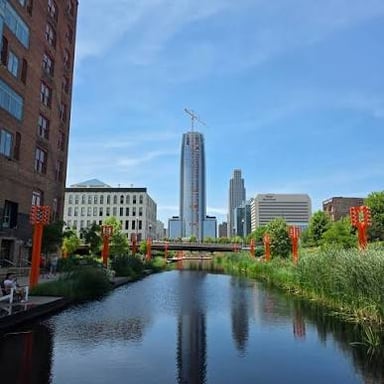 Downtown Omaha, Nebraska, on the western bank of the Missouri River.