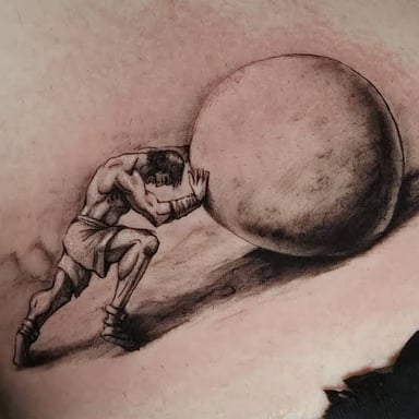Sisyphus pushing a boulder uphill, a mythic image of seemingly endless labor.
