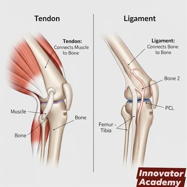 An anatomy diagram showing tendons linking muscles to bones near a joint.