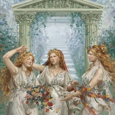 Classical-style depiction of the Horae, Greek goddesses associated with the seasons.