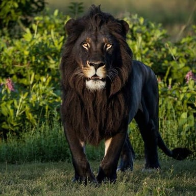 A lion’s thick mane surrounds its head and neck.