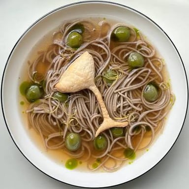Noodles served with broth or sauce alongside a martini made with a relatively generous amount of vermouth.