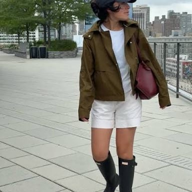 A raincoat and Wellington boots, both examples of rain gear.