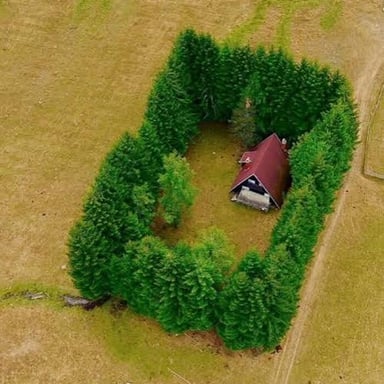A cottage set among trees, illustrating the meaning of amid.