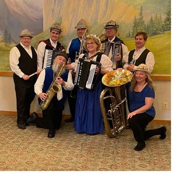 Musicians playing accordion and brass instruments in a polka band.