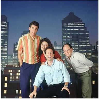 A promotional image of the main cast of the television sitcom Seinfeld.