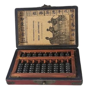 A traditional abacus with beads arranged on parallel rods.