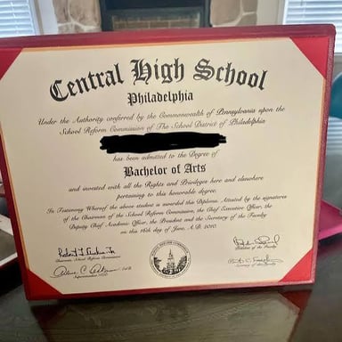 A diploma representing a Bachelor of Arts degree.