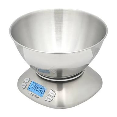 A bowl on a digital kitchen scale being zeroed before ingredients are weighed.
