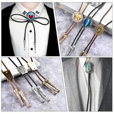 A bolo tie with a cord, decorative sliding clasp, and tipped ends.