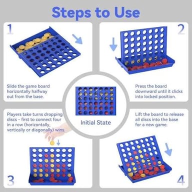 A vertical Connect Four grid holding red and yellow discs, with four discs lined up.