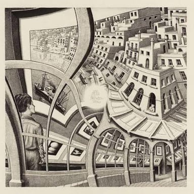 Prints by M. C. Escher featuring impossible staircases and repeating shapes