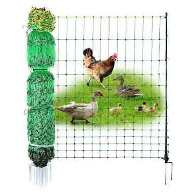 An insulated electrical wire beside a chicken-wire fence