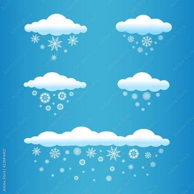 Snowflakes falling from clouds in a snowfall.
