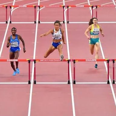 Track-and-field athletes competing in hurdles and high jump.
