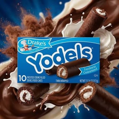 Hostess Yodels, chocolate-coated rolled snack cakes with creme filling.