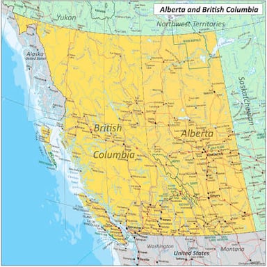 A map of western Canada highlighting Alberta and neighboring British Columbia.