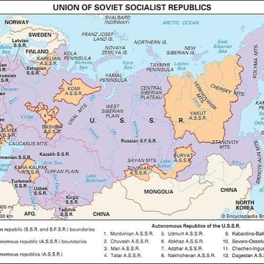 A historical map labeled USSR showing the Soviet Union before its dissolution.