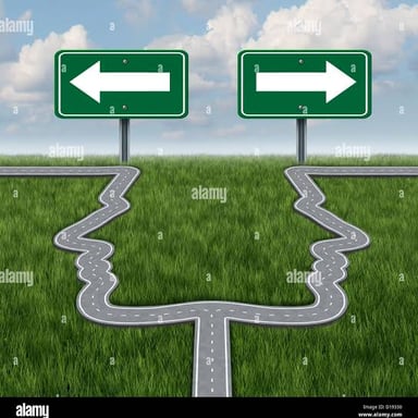 A path splitting in two directions, evoking something that can cut both ways.