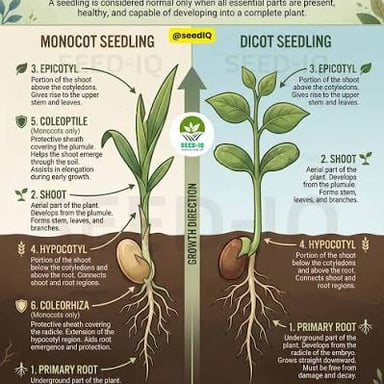 A seedling diagram labels its cotyledons and the true leaves that emerge above them.