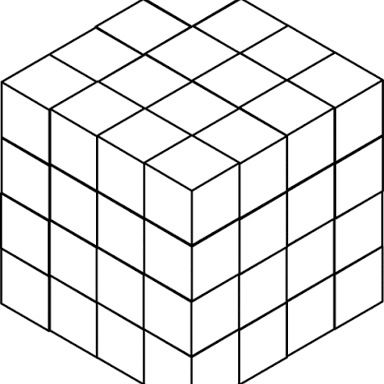 A mathematical illustration showing four raised to the third power equaling sixty-four.