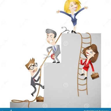 An illustration of people positioned at different levels of a symbolic ladder.