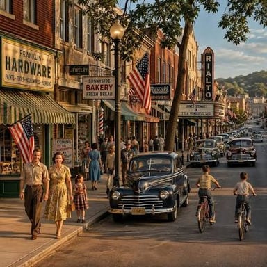 A town’s main street lined with shops and buildings