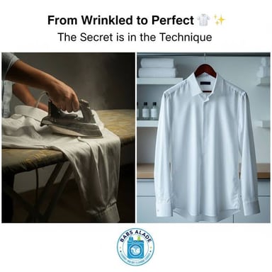 A hand pressing a clothes iron over a wrinkled shirt.