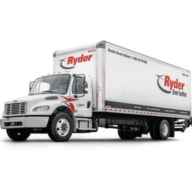 A yellow Ryder rental truck