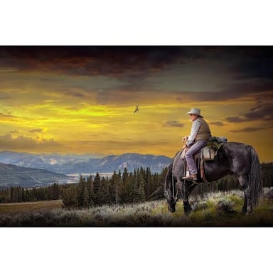 A horseback rider traveling across an open landscape toward the setting sun.