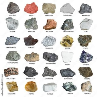 Dark magnetite and reddish-brown bauxite ore specimens.