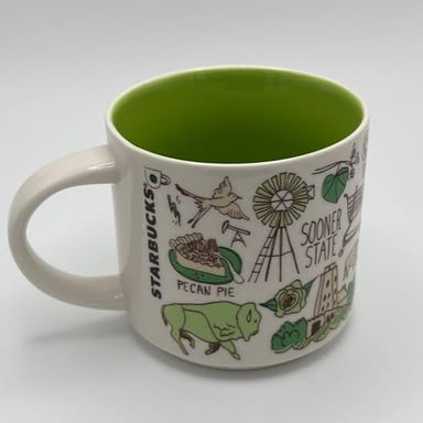A coffee mug bearing Starbucks branding, the kind someone might keep as a souvenir.