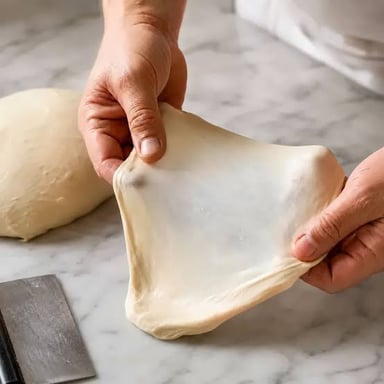 A hand stretches wheat dough, illustrating the elasticity gluten gives it.