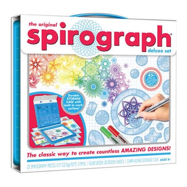 A Spirograph toy’s small gears tracing a looping geometric pattern.